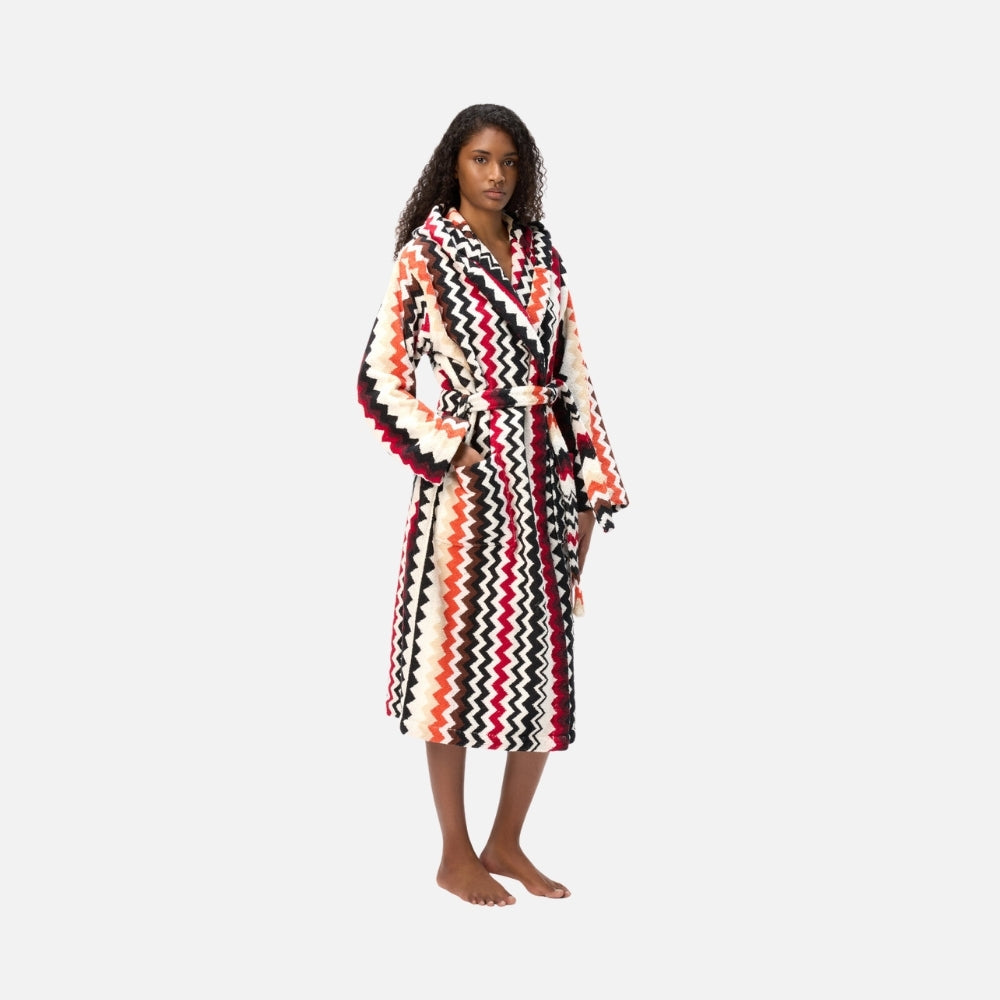 Best Red Multicolour Zigzag Cotton Hooded Bathrobe