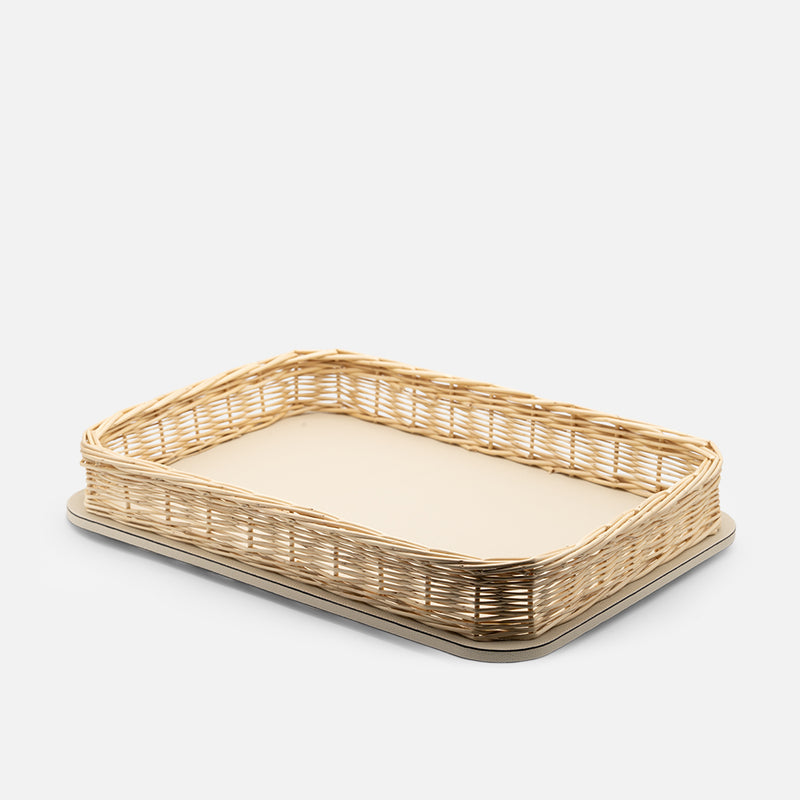 Orsay Ivory Leather & Rattan Rectangular Large Tray