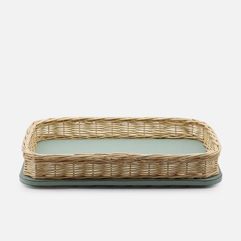 Orsay Mint Leather & Rattan Rectangular Large Tray