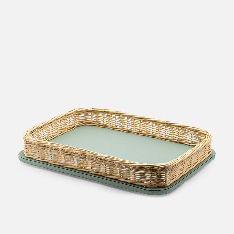 Orsay Mint Leather & Rattan Rectangular Large Tray