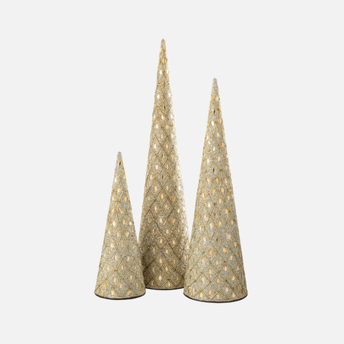 Set of 3 White & Gold Beaded Iron Cones – Decorative Home Accents