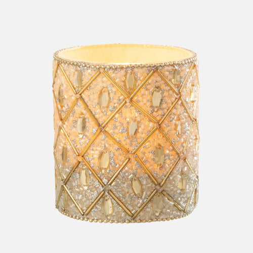 White & Gold Beaded Glass Tealight Holder – Large