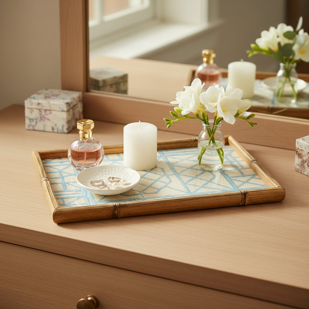 Bamboo Screen Robin's Egg Bamboo Edge Lacquer Vanity Tray