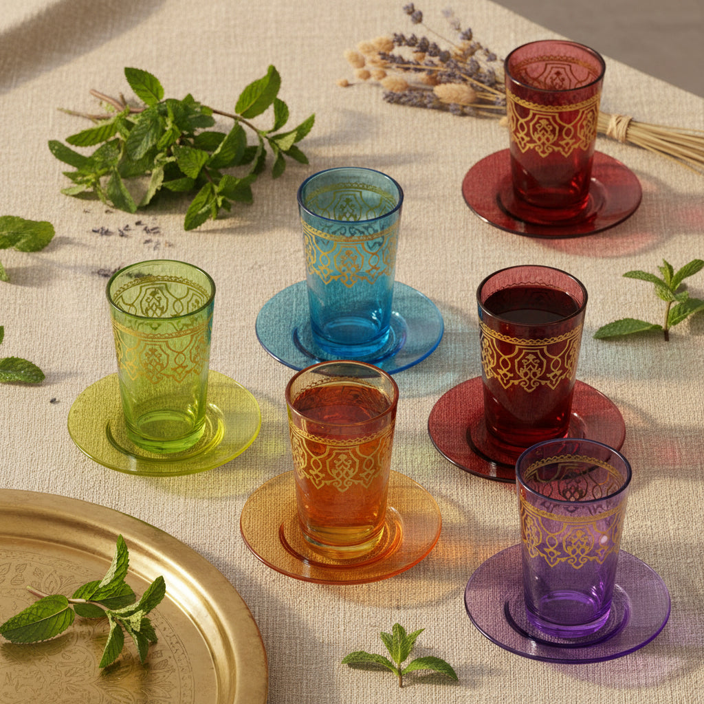 Dimlaj Touch Casablanca Set of 6 Pcs Moroccan Tea Cups and Saucers Mixed Color