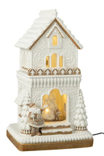Gingerbread LED House with Santa Claus Figurine - Beige/White