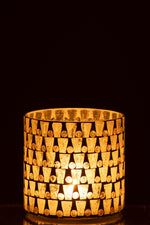 Cylinder Mosaic Glass Candle Holder – Off-White & Gold