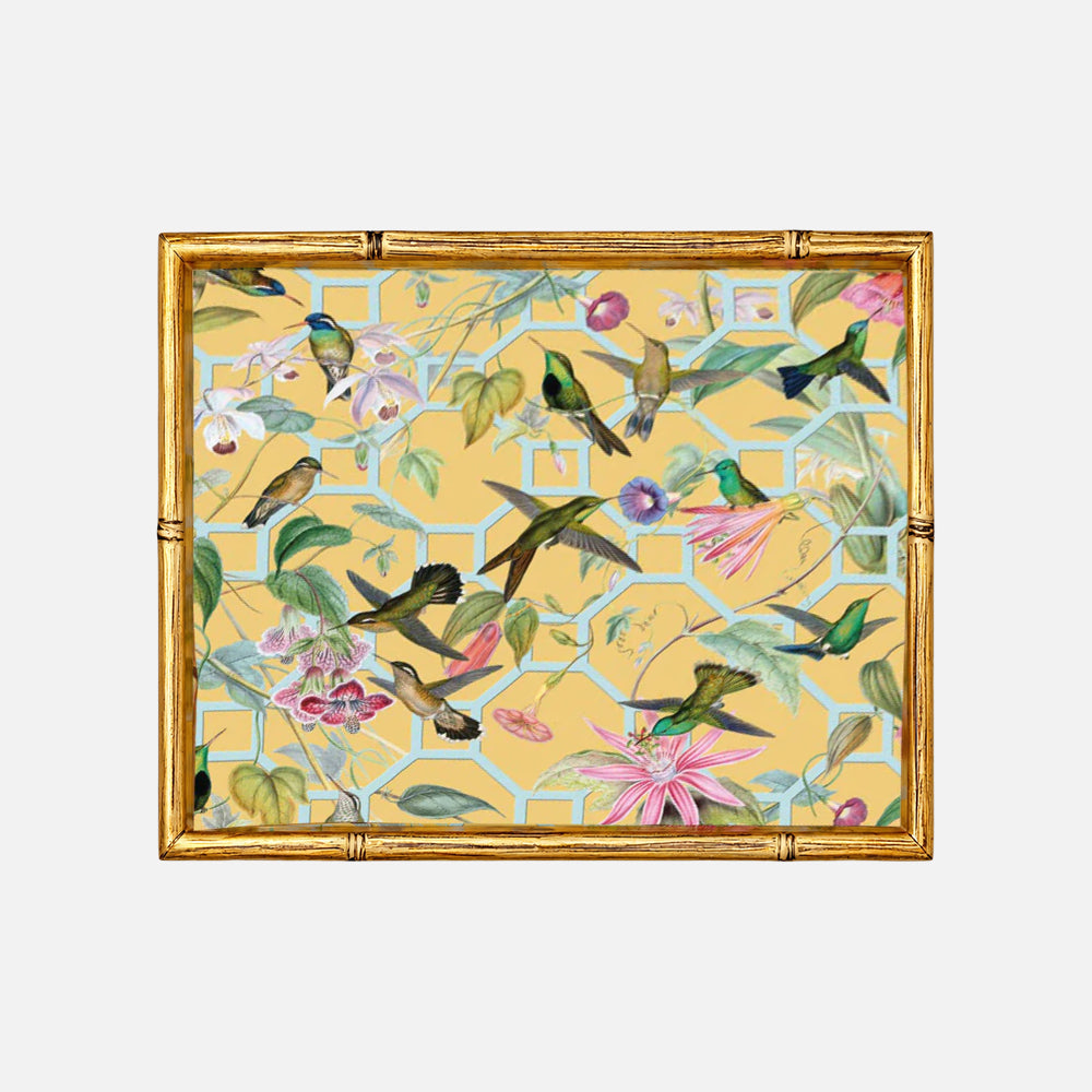 Hummingbird Trellis Gold Bamboo Edge Square Lacquer Tray