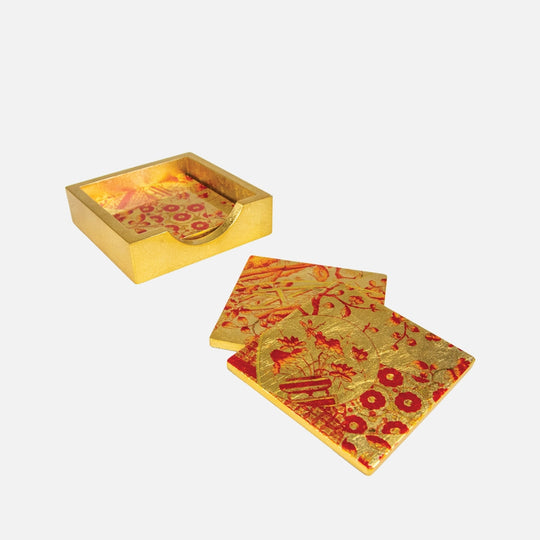 Caspari Lacquer coaster set-Coral/go