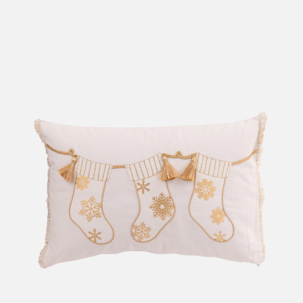 White & Gold Christmas Stocking Cushion – Decorative Holiday Pillow