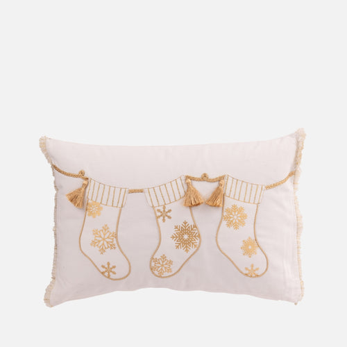 White & Gold Christmas Stocking Cushion – Decorative Holiday Pillow