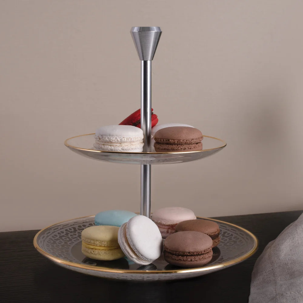 Dimlaj Kareem two-tier serving tray in 22K gold-gilded finish, styled in a room setting