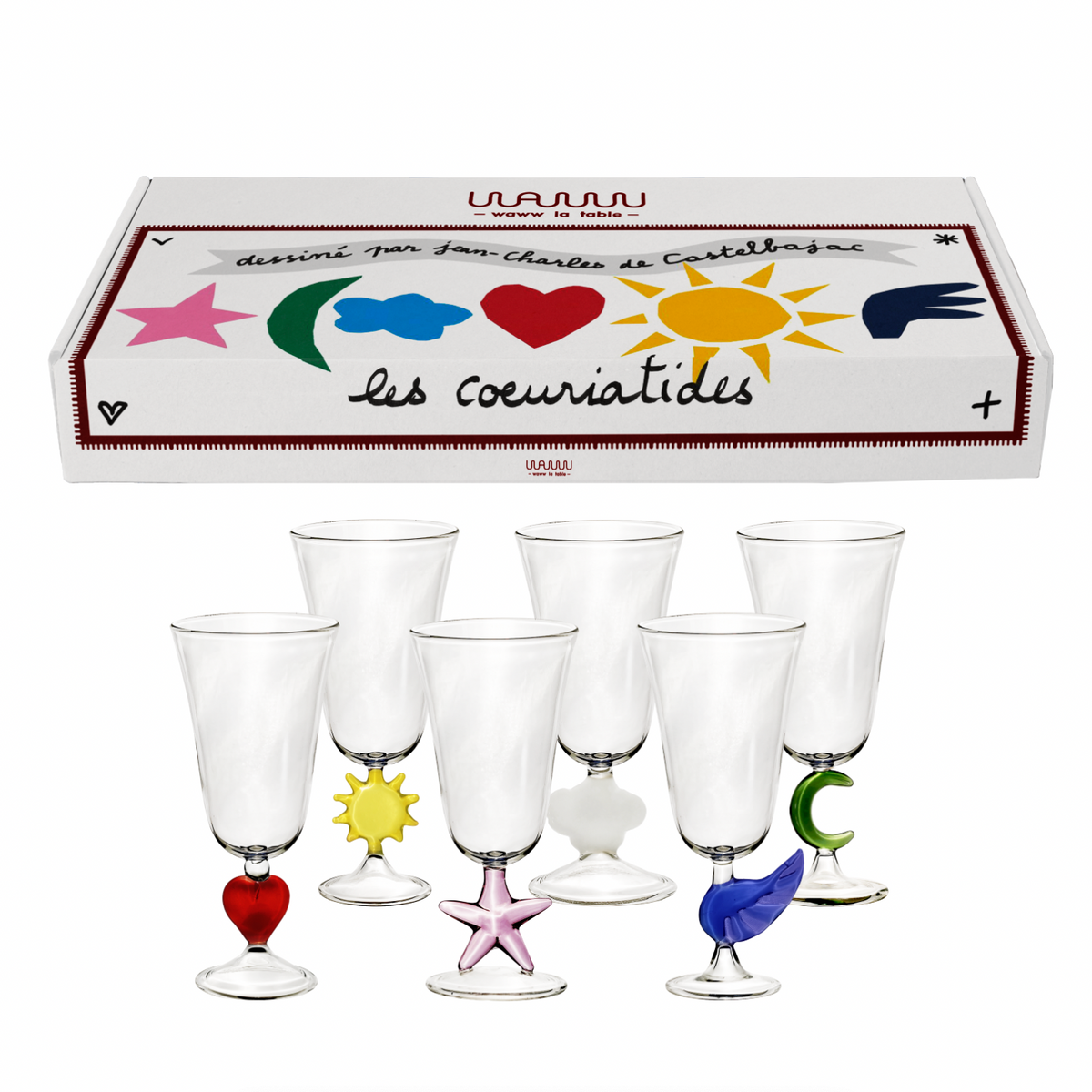 Waww La Table Cœuriatides champagne flutes by Jean-Charles de Castelbajac, boxed set of six, styled on a table setting