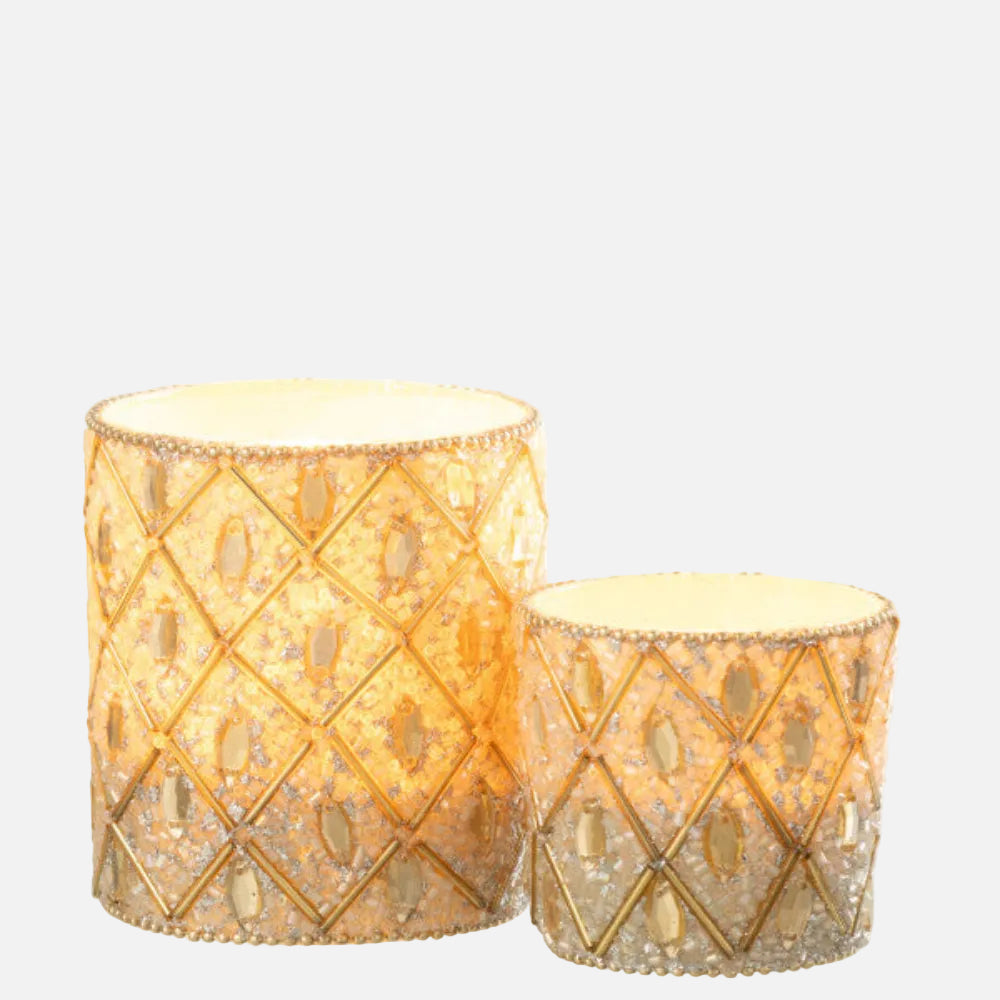 White & Gold Beaded Glass Tealight Holder – Large