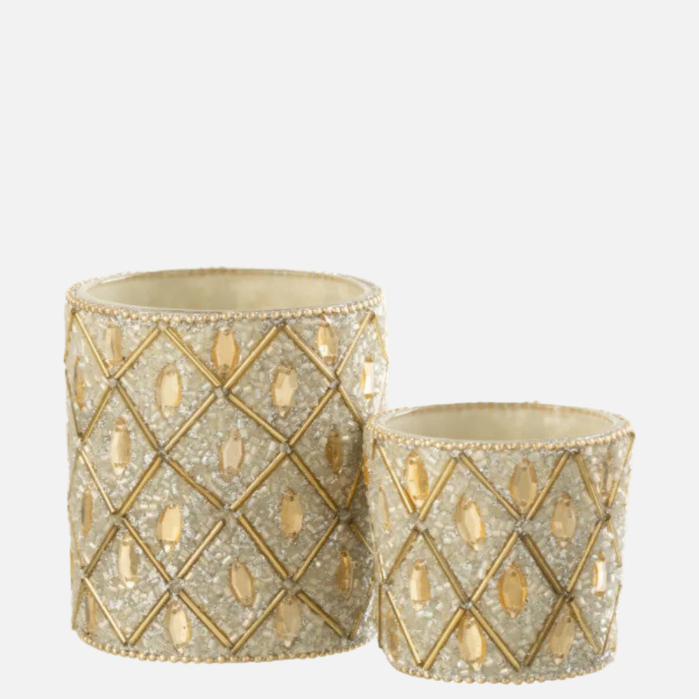 White & Gold Beaded Glass Tealight Holder – Large