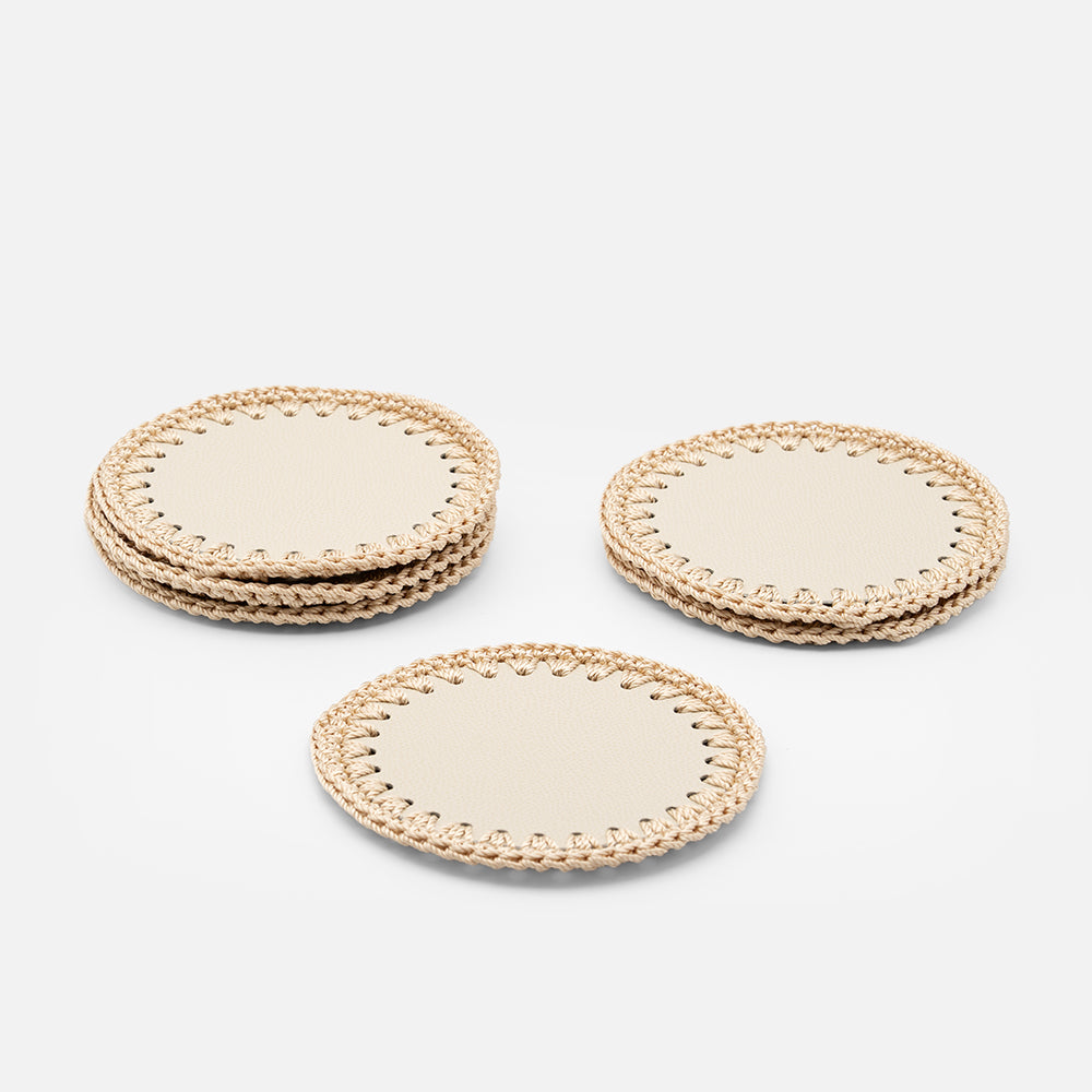 Rochelle Leather &amp; Crochet Coasters Set of 6 (Ivory)