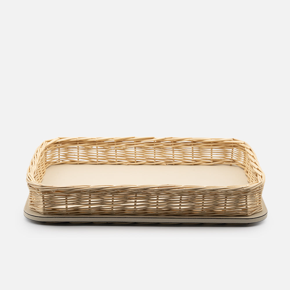 Orsay Ivory Leather & Rattan Rectangular Large Tray