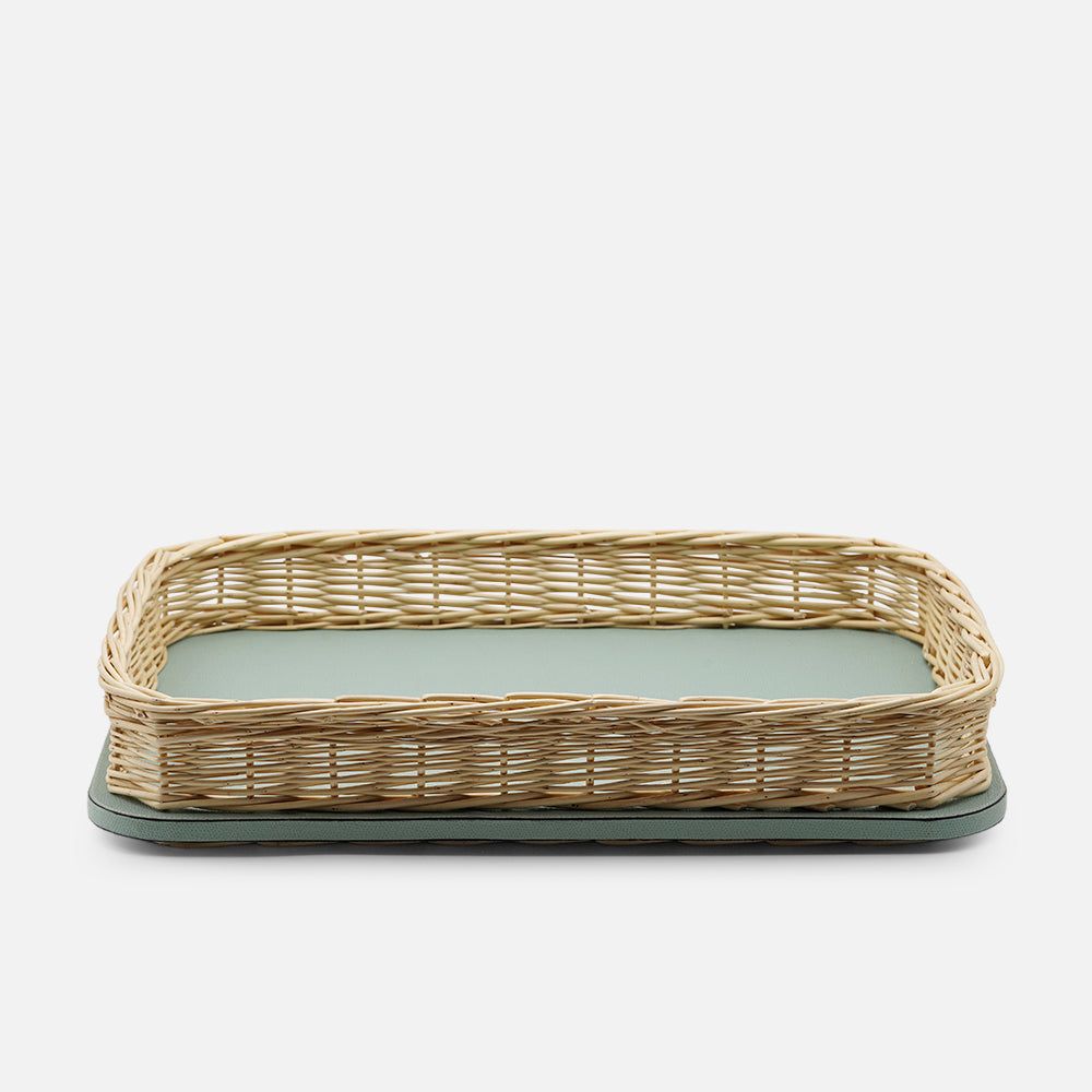 Orsay Mint Leather & Rattan Rectangular Large Tray