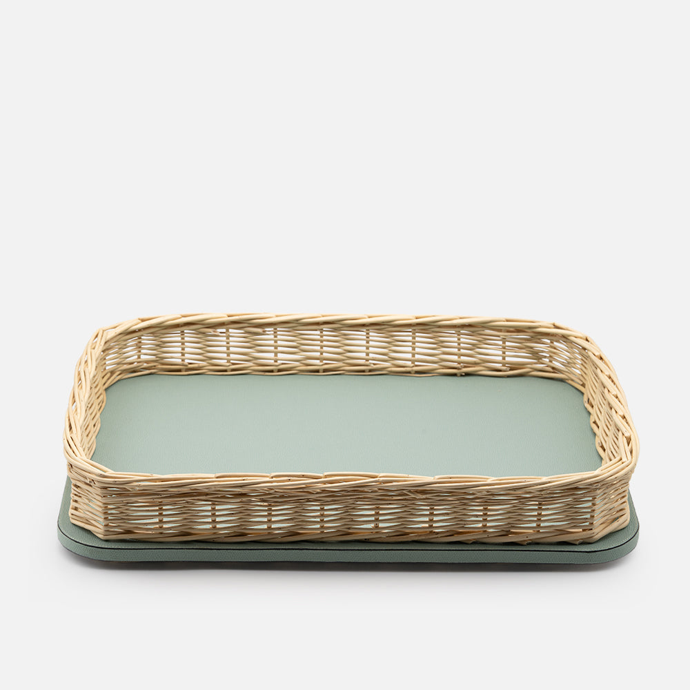 Orsay Mint Leather & Rattan Rectangular Large Tray