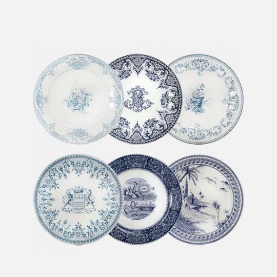 Set of 6 Assorted Dinner Plates - Blue Mismatched