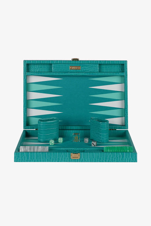 Teal Alligator Medium Backgammon Vegan Leather Medium Set | 15 inch - 38 cm