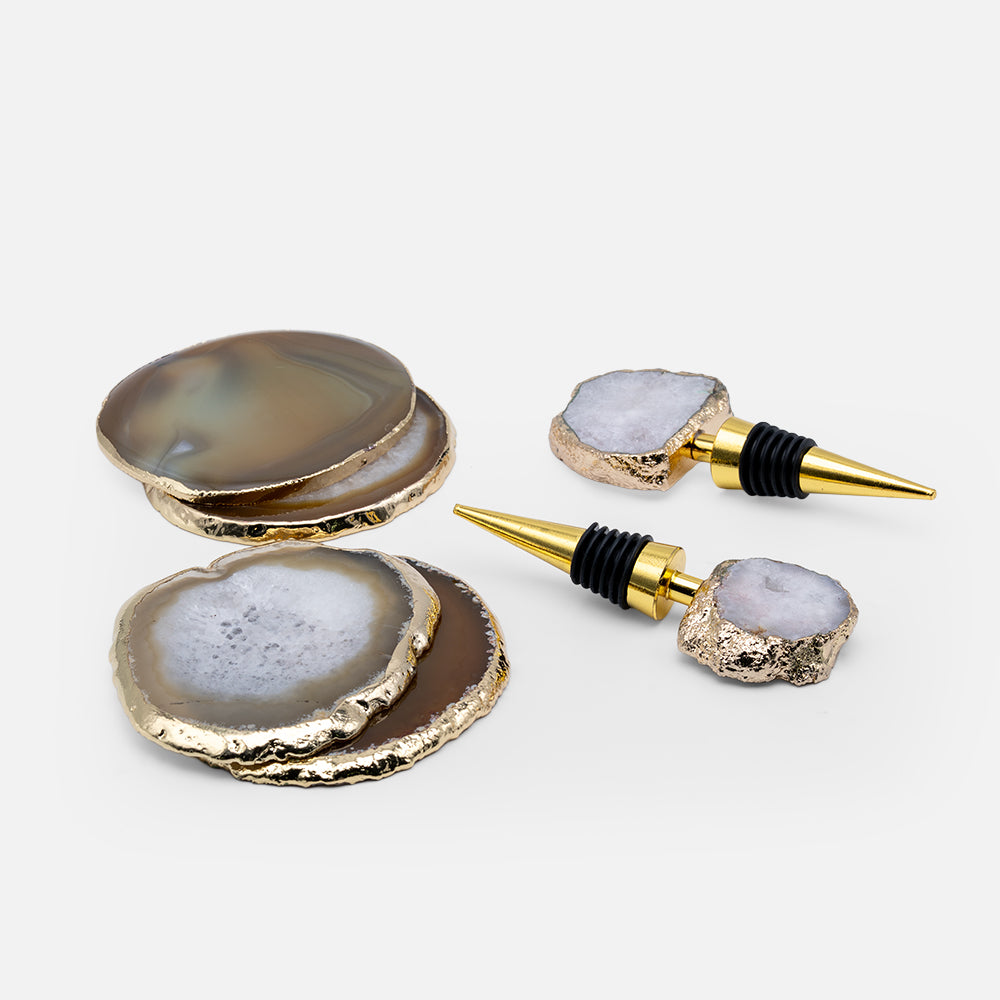 4 Grey Agate Coasters & 2 Bottle Toppers
