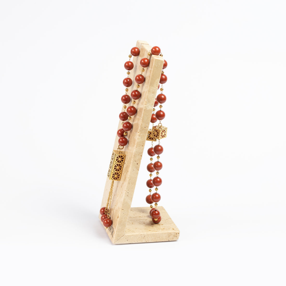 Red Jasper Masbaha & Travertine Stand for Home