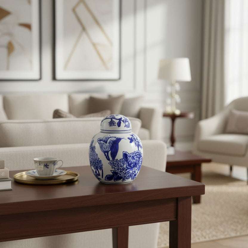 Abhika Chinoiserie Flowers Jar, 18cm, styled in a room setting