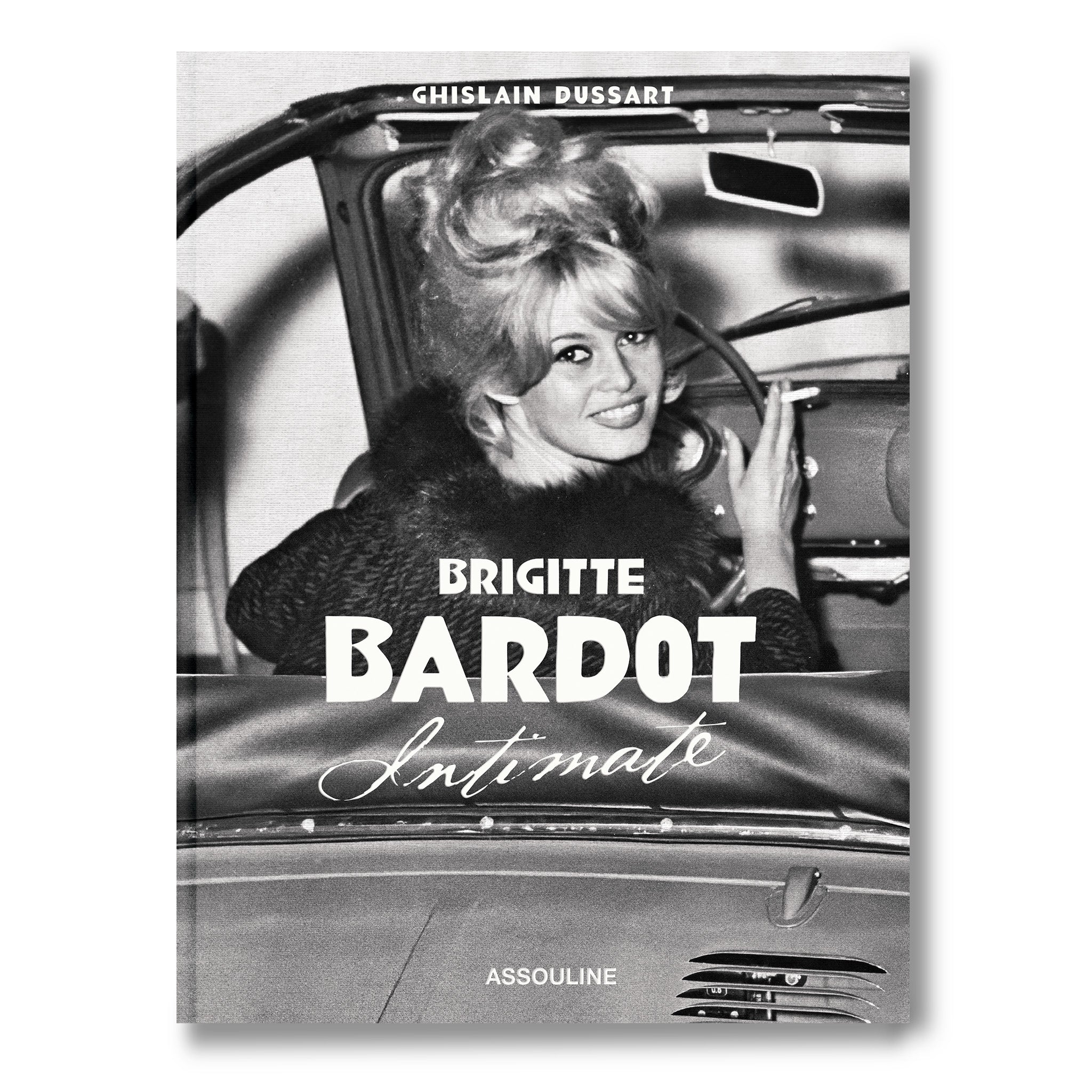 Book cover featuring a black and white photo of Brigitte Bardot in a car, with 'Brigitte Bardot Intime' and 'Assouline' text.
