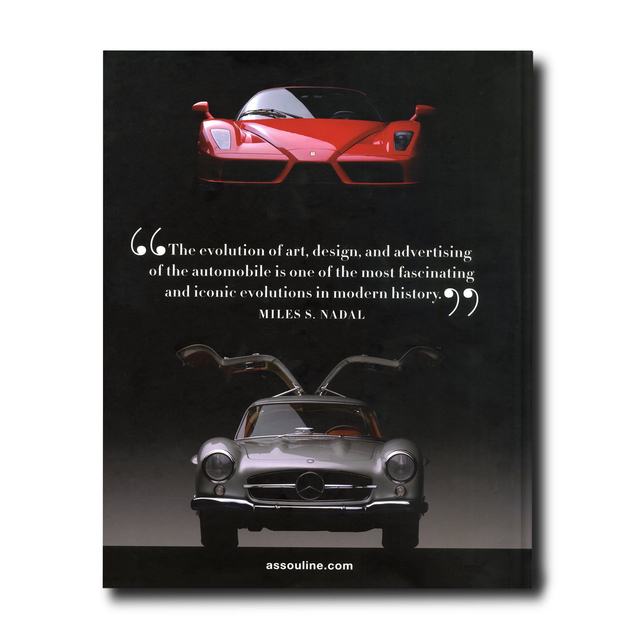 Book cover with vintage cars and a quote on a black background