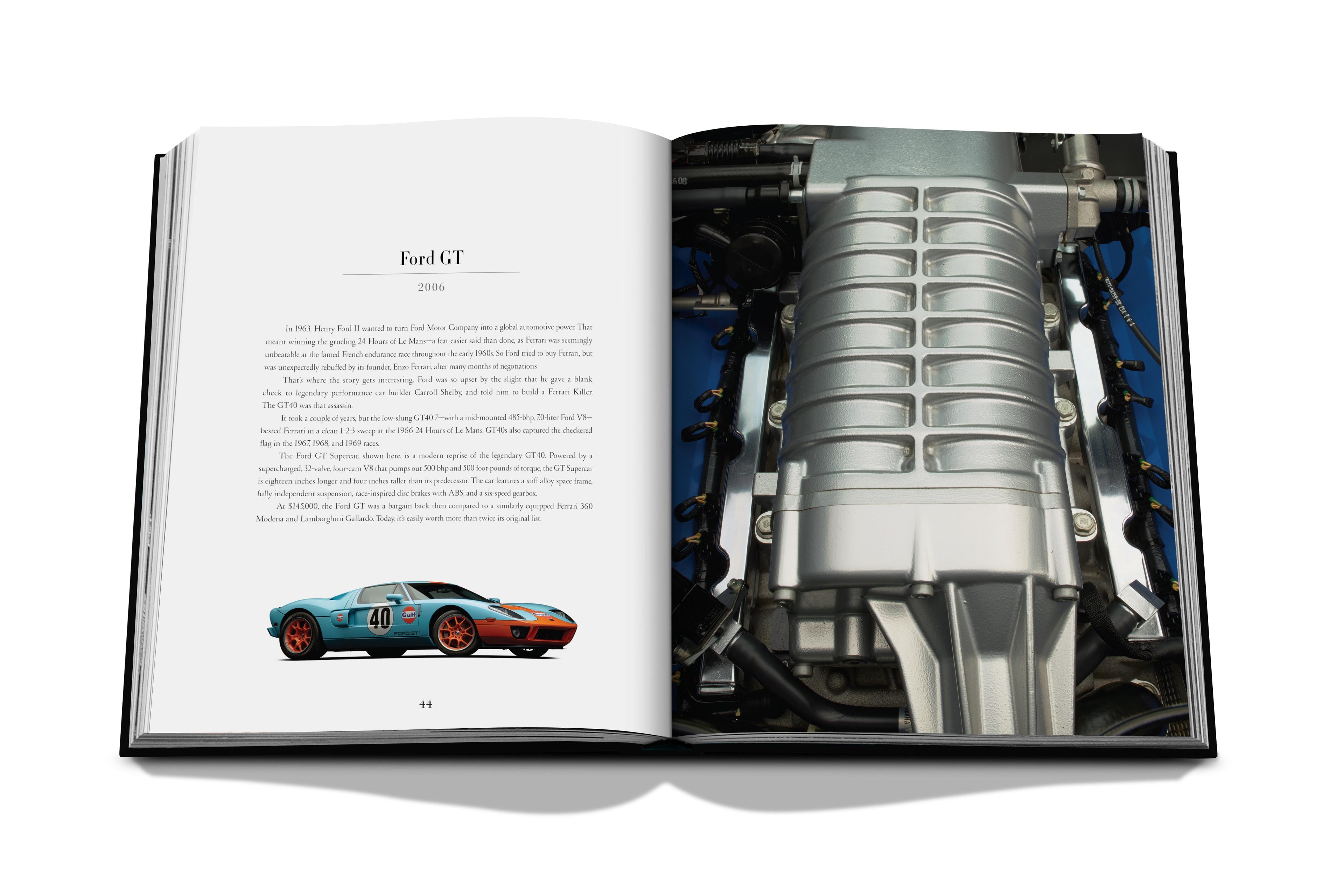 Open book showing a detailed image of a car engine and a Ford GT illustration on a white background.