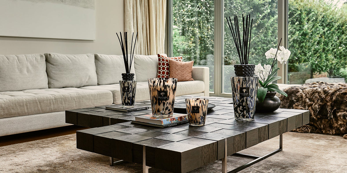 Baobab Collection Pearls Black 4-wick scented candle in mouth-blown glass, 1.1kg, styled in a room setting (4)