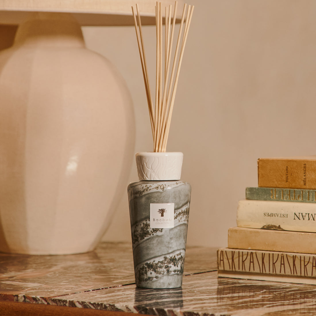 Baobab Collection Sand Atacama reed diffuser, 500ml, styled in a room setting (2)
