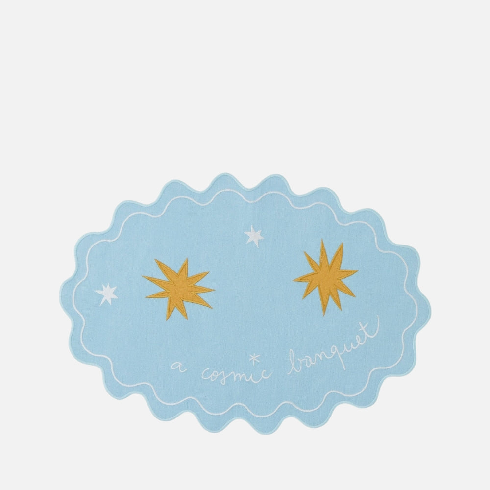 Bitossi Home Il Frutto della Passione embroidered placemat in blue, 48x35cm, viewed from above