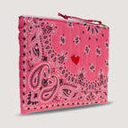 Call It By Your Name Coeur quilted zip pochette in strawberry pink with red heart motif, alternative angle