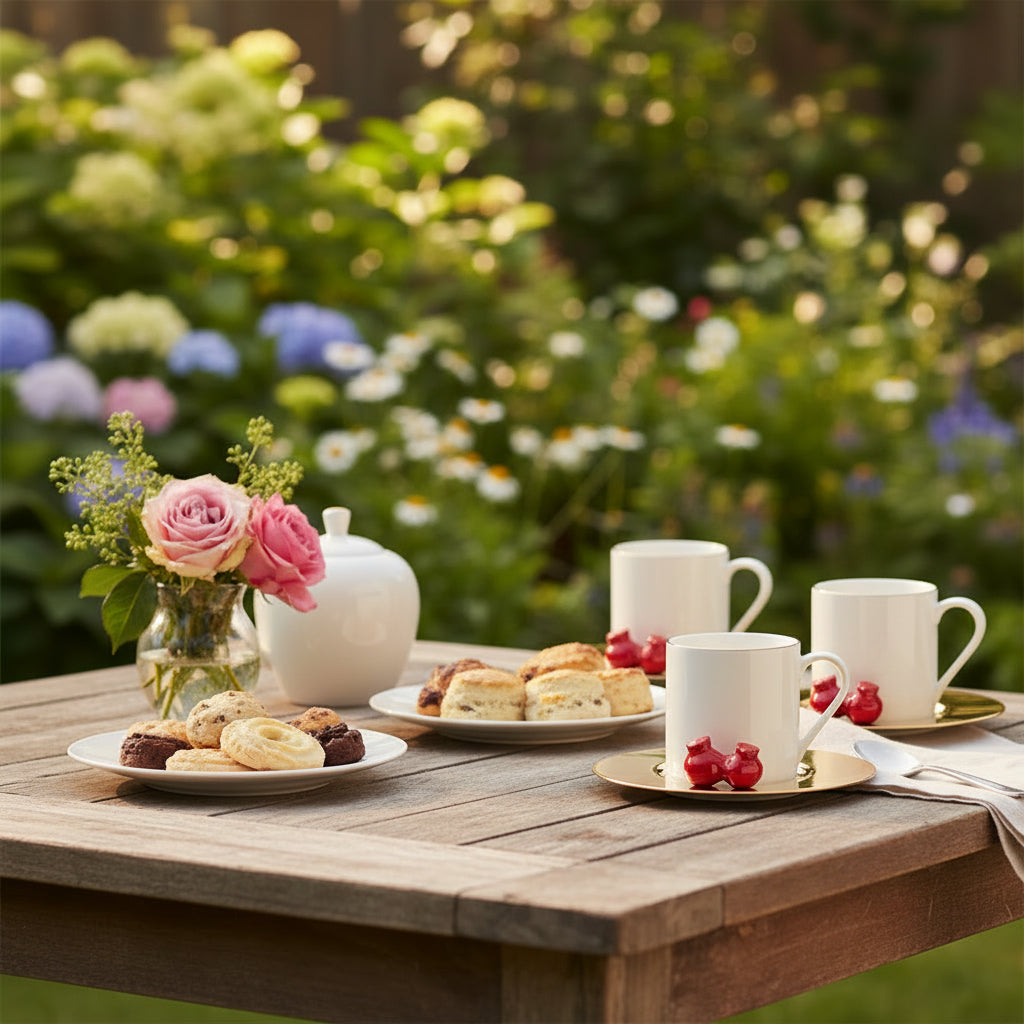 Cups Brass Saucer Red Pomegranate (Set of 6)