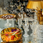 Mario Luca Giusti Dolce Vita Champagne Flute, Gold Rim in synthetic crystal, styled in a table setting