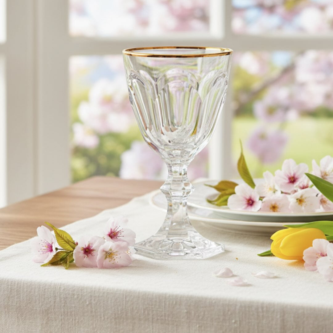 Mario Luca Giusti Dolce Vita Wine Glass, Gold Rim in synthetic crystal, styled in a table setting (2)