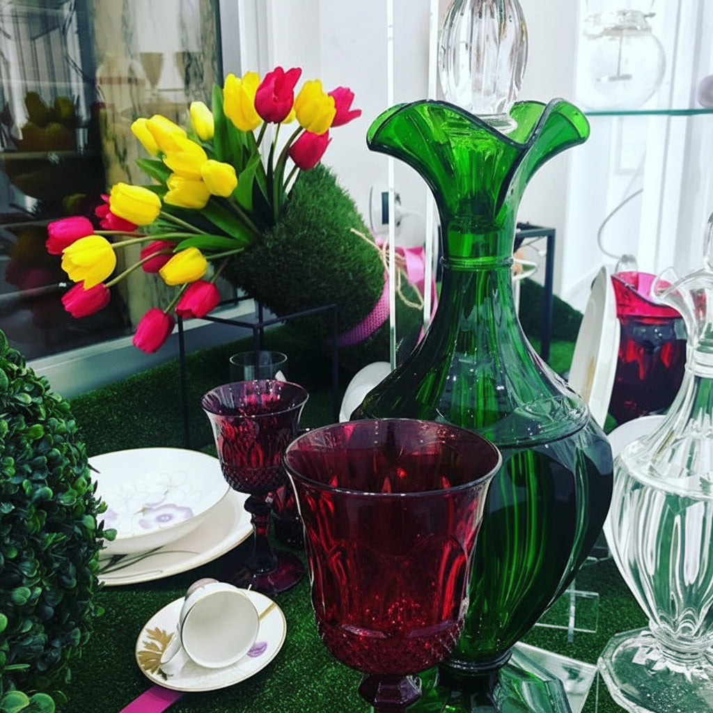 Mario Luca Giusti Nuova Italia Wine Glass, Ruby in synthetic crystal, styled in a table setting