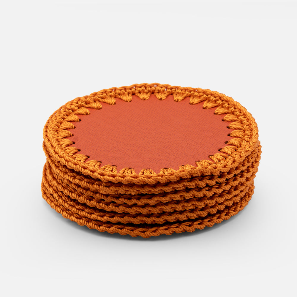Rochelle Leather & Crochet Coaster, Mango, Set of 6