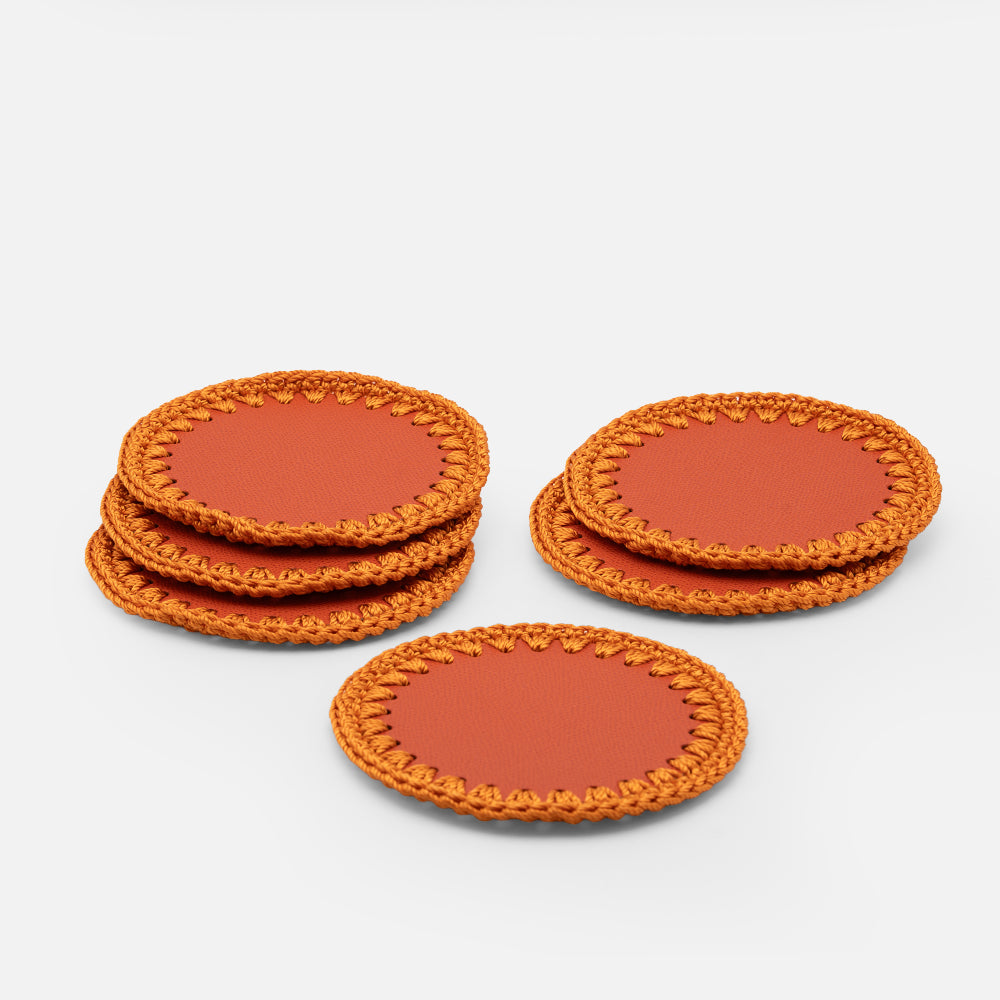 Rochelle Leather & Crochet Coaster, Mango, Set of 6
