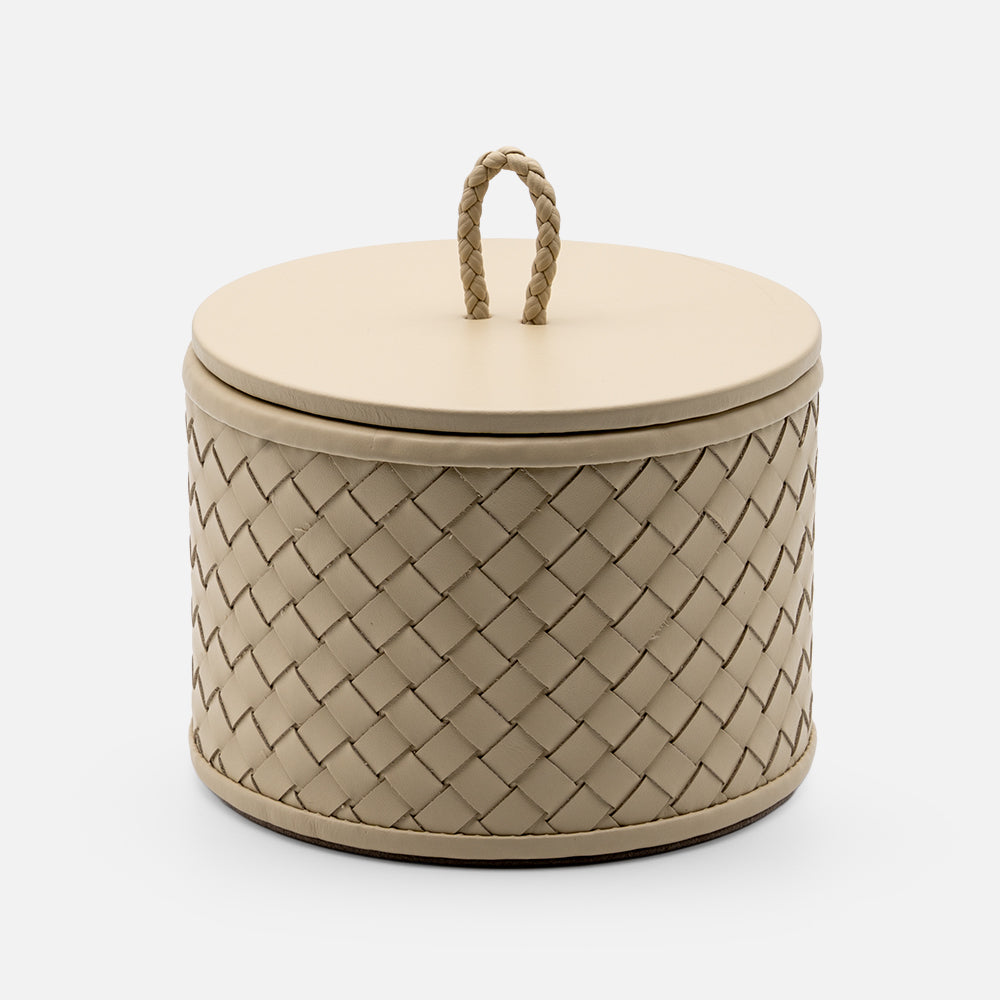 Riviere Jana Handwoven Leather Round Box, 12cm, Ivory, front view
