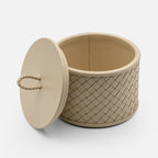 Riviere Jana Handwoven Leather Round Box, 12cm, Ivory, shown open 2