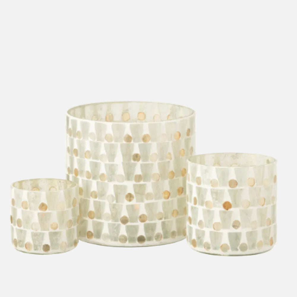 Cylinder Mosaic Glass Candle Holder – Off-White & Gold