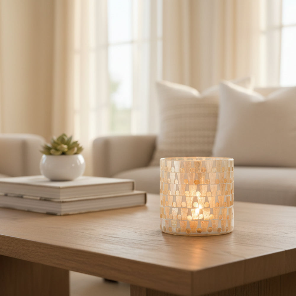 Cylinder Mosaic Glass Candle Holder – Off-White & Gold