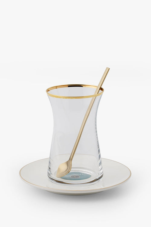 Eye Tea Glass & Saucer with Teaspoons, Teal, Set of 6