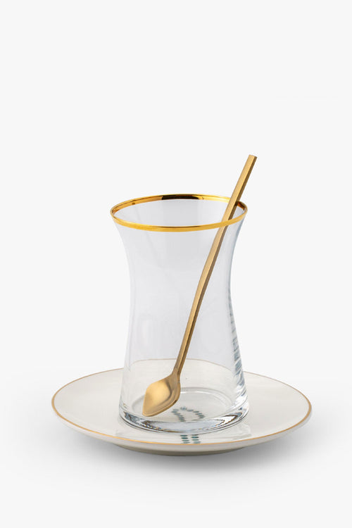 Mashbah Tea Glass & Saucer with Teaspoons, Teal, Set of 6