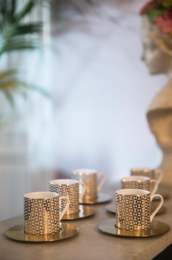 Tri Gold Espresso Cups with Saucer, Set of 6 - Maison7